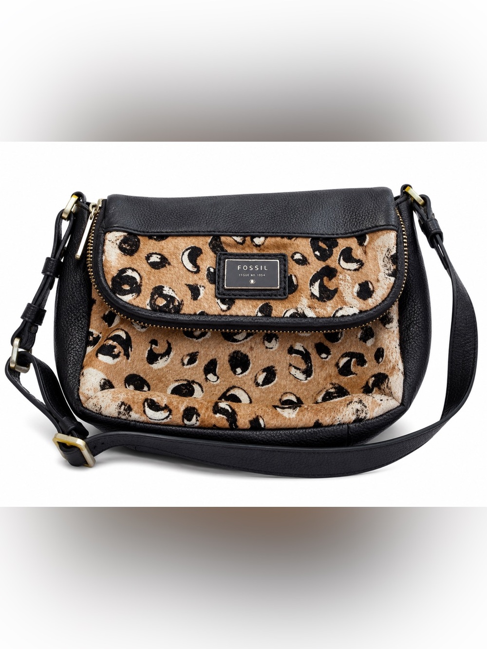 Fossil Leopard Print Calf Hair Crossbody Bag Black Leather Animal Print Purse